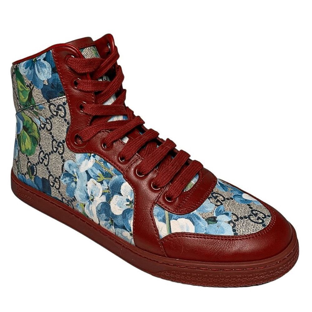 Gucci Coda Bloom High Top Sneaker Red EU 38.5 US 8.5 Blue Floral GG Supreme Logo